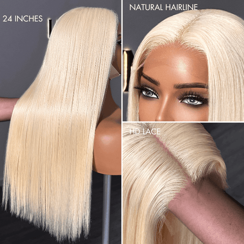 PreMax Wigs | Easily Redyed 613 Silky Straight 5x5 Closure HD Lace Glueless Mid Part Long Wig Pre-cut & Plucked & Bleached