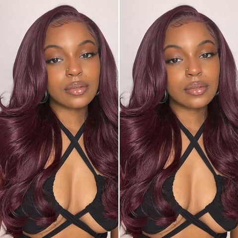Graceful 99J Burgundy Layered Cut Straight / Body Wave Glueless 5x5 Closure Lace Long Wig 100% Human Hair