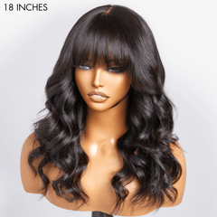 Breathable Cap Loose Wave 5x5 Closure Lace Glueless Human Hair Long Wig with Cute Bangs | Face-Framing