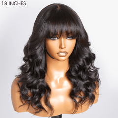 Breathable Cap Loose Wave 5x5 Closure Lace Glueless Human Hair Long Wig with Cute Bangs | Face-Framing