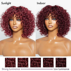 Beginner Friendly Dark Red Water Wave Glueless Minimalist Lace Curly Wig with Bangs