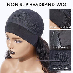 Throw On & Go Natural Black / Blonde Highlight Deep Wave No Lace Glueless Long Headband Wig (Get Free Trendy Headbands)