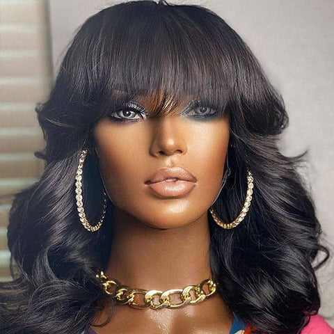 Glueless Beginner Friendly Soft Wavy Curls Bob Wig with Bangs 100% Human Hair