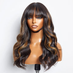 Breathable Cap Loose Wave 5x5 Closure Lace Glueless Human Hair Long Wig with Cute Bangs | Face-Framing