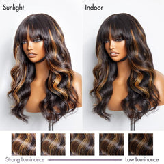 Breathable Cap Loose Wave 5x5 Closure Lace Glueless Human Hair Long Wig with Cute Bangs | Face-Framing