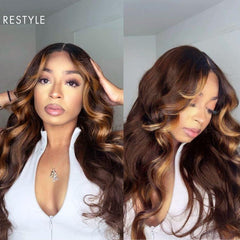 Breathable Cap Blonde Highlight Loose Wave Glueless 5x5 Closure HD Lace Wig with Curtain Bangs