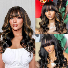 Breathable Cap Loose Wave 5x5 Closure Lace Glueless Human Hair Long Wig with Cute Bangs | Face-Framing