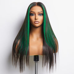 Limited Design | Green Highlight Silky Straight Glueless 5x5 Closure Lace Wig | Large & Small Cap Size