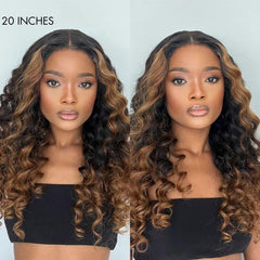 Fluffy Brown Ombre Highlights Water Wave Glueless 5x5 Closure HD Lace Long Curly Wig Breathable Cap