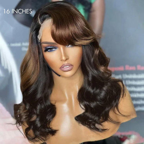 Brown Mix Black / Natural Black C Part Glueless Loose Wave 5x5 Closure Wig with Bangs 100% Human Hair