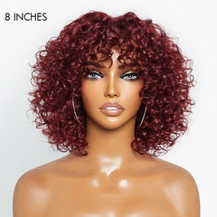 Beginner Friendly Dark Red Water Wave Glueless Minimalist Lace Curly Wig with Bangs