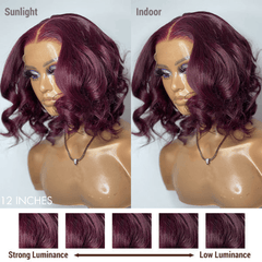 Dark Plum 99J Hair Color Wig Loose Wave Minimalist HD Lace Glueless Mid Part Short Wig 100% Human Hair