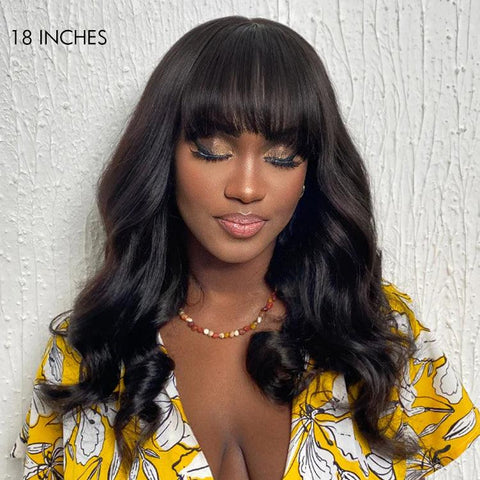 Breathable Cap Loose Wave 5x5 Closure Lace Glueless Human Hair Long Wig with Cute Bangs | Face-Framing