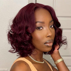 Dark Plum 99J Hair Color Wig Loose Wave Minimalist HD Lace Glueless Mid Part Short Wig 100% Human Hair