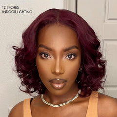 Dark Plum 99J Hair Color Wig Loose Wave Minimalist HD Lace Glueless Mid Part Short Wig 100% Human Hair