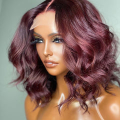 Dark Plum 99J Hair Color Wig Loose Wave Minimalist HD Lace Glueless Mid Part Short Wig 100% Human Hair