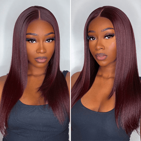 Graceful 99J Burgundy Layered Cut Straight / Body Wave Glueless 5x5 Closure Lace Long Wig 100% Human Hair