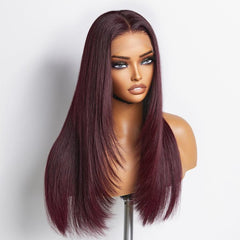 Graceful 99J Burgundy Layered Cut Straight / Body Wave Glueless 5x5 Closure Lace Long Wig 100% Human Hair