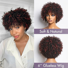 Dark Red / Blonde Highlights / Natural Black Afro Curls Glueless Ready to Go Wig Beginner Friendly