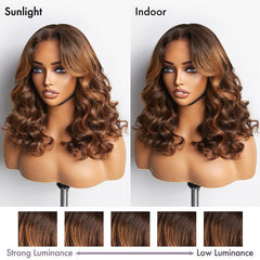 Elegant Brown Ombre Loose Wave Minimalist HD Lace Glueless Short Wig 100% Human Hair Pre-Cut Lace