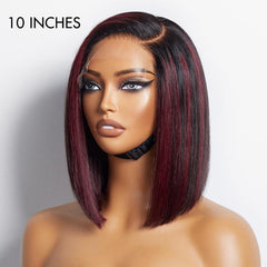 Dark Red Highlights Silky Blunt Cut C Part Glueless Minimalist HD Lace Bob Wig Beginner Friendly