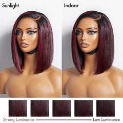 Dark Red Highlights Silky Blunt Cut C Part Glueless Minimalist HD Lace Bob Wig Beginner Friendly