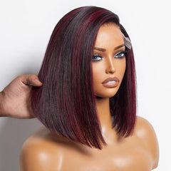 Dark Red Highlights Silky Blunt Cut C Part Glueless Minimalist HD Lace Bob Wig Beginner Friendly