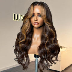 Breathable Cap Blonde Highlight Loose Wave Glueless 5x5 Closure HD Lace Wig with Curtain Bangs