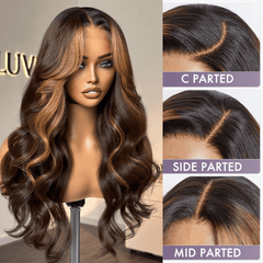 Breathable Cap Blonde Highlight Loose Wave Glueless 5x5 Closure HD Lace Wig with Curtain Bangs