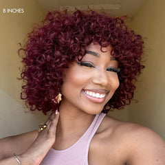 Beginner Friendly Dark Red Water Wave Glueless Minimalist Lace Curly Wig with Bangs