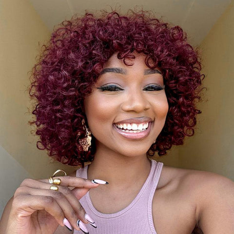 Beginner Friendly Dark Red Water Wave Glueless Minimalist Lace Curly Wig with Bangs