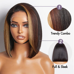 Limited Design | Brown Blonde Combo Highlight Straight Glueless 5x5 Closure HD Lace Bob Wig | Large & Small Cap Size