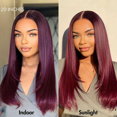 Graceful 99J Burgundy Layered Cut Straight / Body Wave Glueless 5x5 Closure Lace Long Wig 100% Human Hair