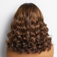 Elegant Brown Ombre Loose Wave Minimalist HD Lace Glueless Short Wig 100% Human Hair Pre-Cut Lace