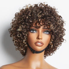 Throw On & Go Brown with Blonde Highlights Glueless No Lace Short Curly Wig 100% Human Hair