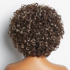 Throw On & Go Brown with Blonde Highlights Glueless No Lace Short Curly Wig 100% Human Hair