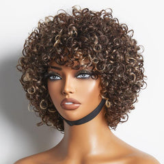 Throw On & Go Brown with Blonde Highlights Glueless No Lace Short Curly Wig 100% Human Hair