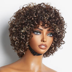 Throw On & Go Brown with Blonde Highlights Glueless No Lace Short Curly Wig 100% Human Hair