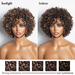 Throw On & Go Brown with Blonde Highlights Glueless No Lace Short Curly Wig 100% Human Hair