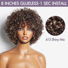 Throw On & Go Brown with Blonde Highlights Glueless No Lace Short Curly Wig 100% Human Hair