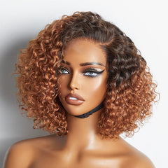 Trendy Mix Brown Short Cut Curly Minimalist HD Lace Glueless Side Part Curly Bob Wig 100% Human Hair