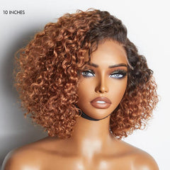 Trendy Mix Brown Short Cut Curly Minimalist HD Lace Glueless Side Part Curly Bob Wig 100% Human Hair