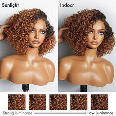 Trendy Mix Brown Short Cut Curly Minimalist HD Lace Glueless Side Part Curly Bob Wig 100% Human Hair