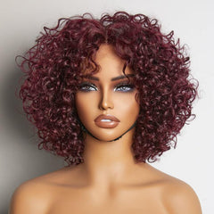 Trendy Burgundy Curly Bob Glueless Minimalist HD Lace T Part 99J Hair Color Wig 100% Human Hair