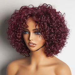 Trendy Burgundy Curly Bob Glueless Minimalist HD Lace T Part 99J Hair Color Wig 100% Human Hair