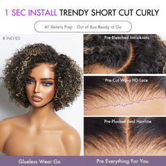 1 SEC INSTALL WIG | Honey Blonde Highlight / Natural Black Kinky Curly Glueless Minimalist HD Lace Classic Short Wig Pre-Cut Lace