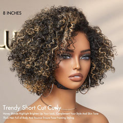 1 SEC INSTALL WIG | Honey Blonde Highlight / Natural Black Kinky Curly Glueless Minimalist HD Lace Classic Short Wig Pre-Cut Lace