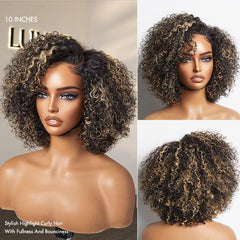 1 SEC INSTALL WIG | Honey Blonde Highlight / Natural Black Kinky Curly Glueless Minimalist HD Lace Classic Short Wig Pre-Cut Lace