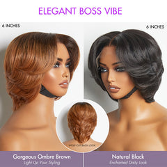 1 SEC INSTALL WIG | Elegant Boss Vibe Short Pixie Cut Natural Black / Ombre Brown Glueless Minimalist HD Lace Wig Pre Cut Lace