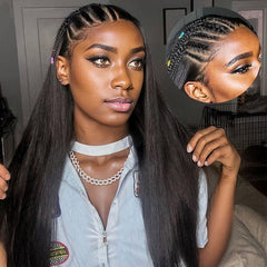 PreMax Wigs | 200% Density Natural Black Left Side Braids Straight 13x4 Frontal HD Lace Long Wig